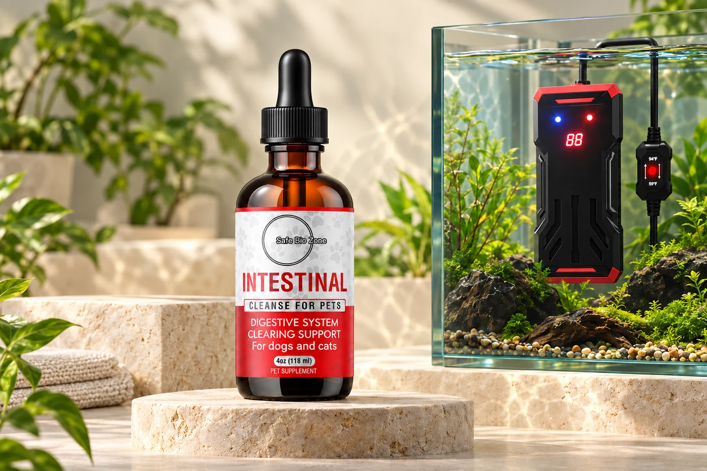 Safe Bio Zone pet supplement bottle and aquarium heater in an illustrated studio composition
