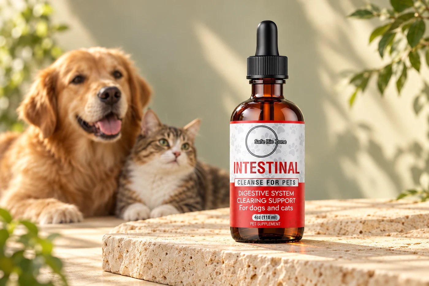 Safe Bio Zone pet supplement campaign showing the bottle on stone with a dog and cat behind it.