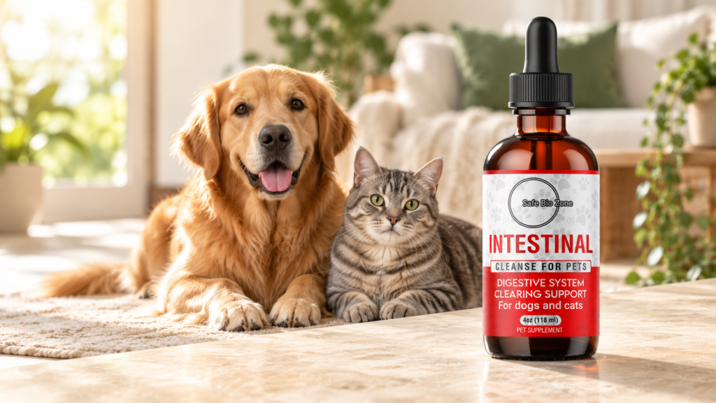 Safe Bio Zone Intestinal Cleanse bottle with a dog and cat in a home setting.